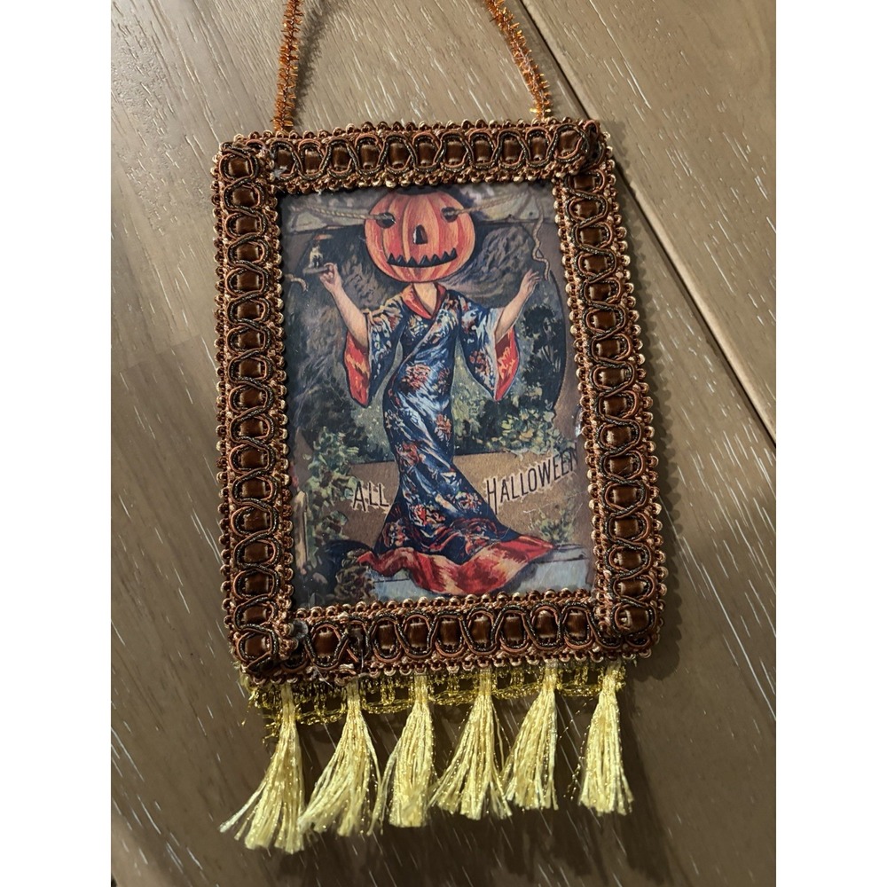 Handmade HALLOWEEN Ornament Upcycled Victorian Postcard Pumpkin Head Girl USA
